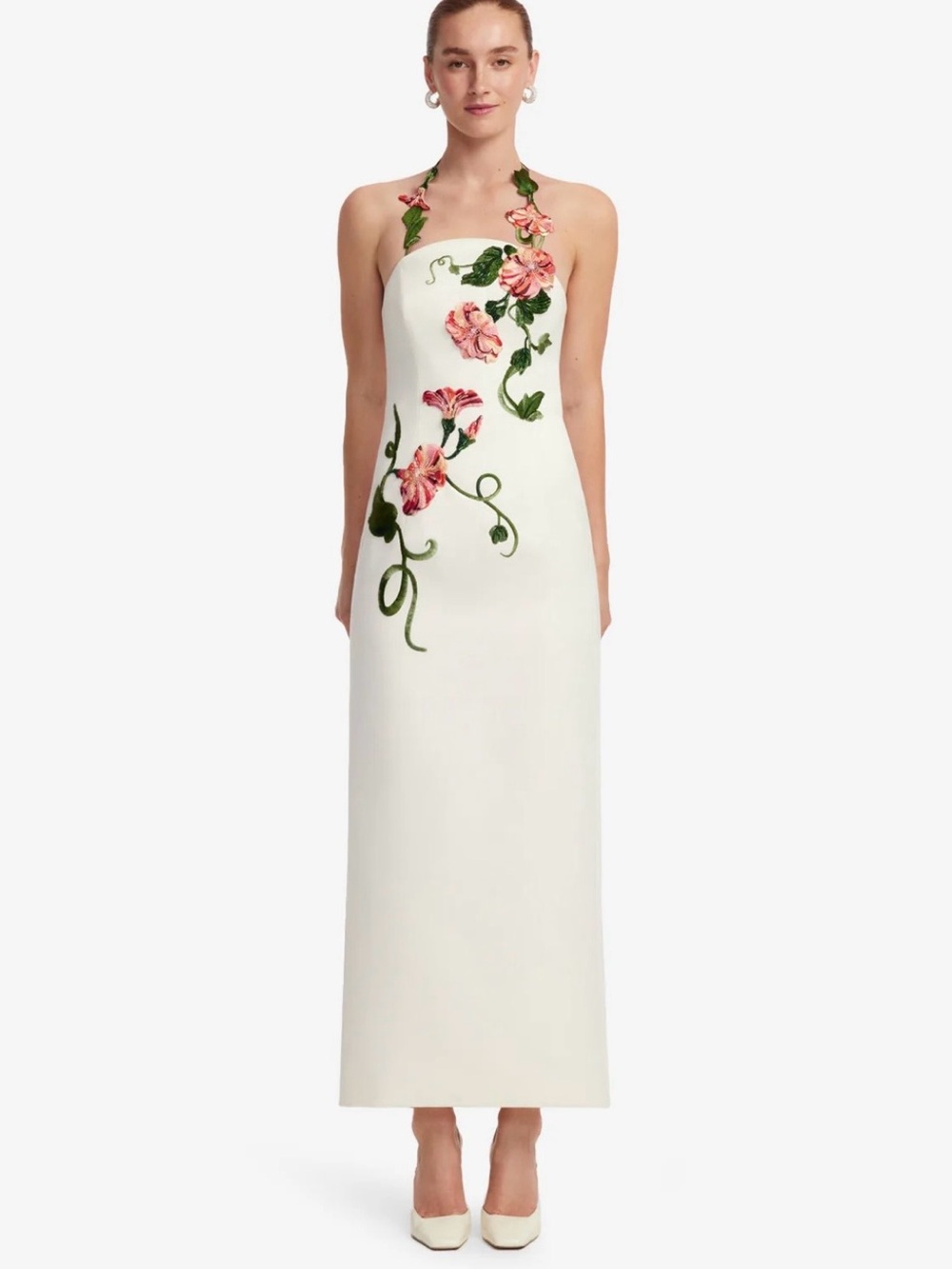Embroidered Ivory Halter Maxi Dress with Pink Floral Detail